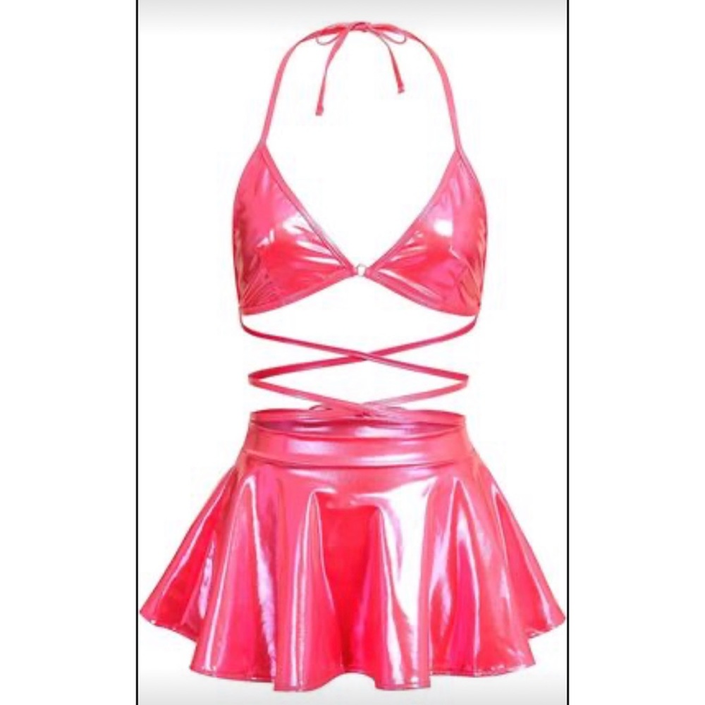 Womens Shiny Holographic Halter Bra Top Mini Skirt